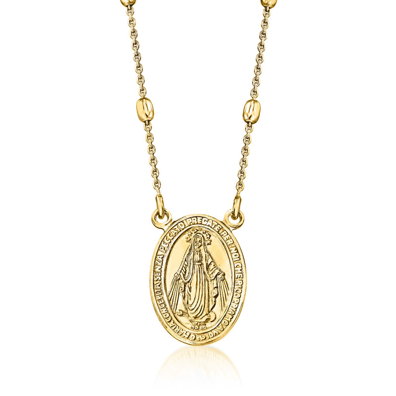 Gold-tone bead station necklace with oval Miraculous Medal charm centered on chain