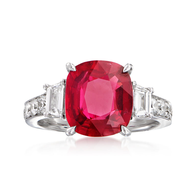 18k white gold ruby center ring with emerald-cut diamond side stones