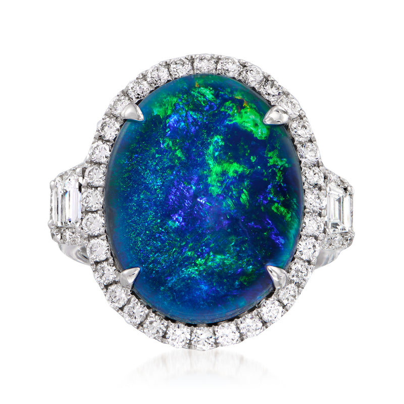 Opal and diamond cocktail ring in white gold, oval blue-green opal with diamond halo