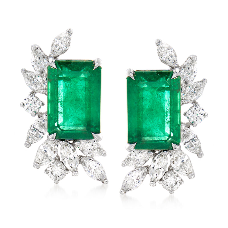 Rectangular green emerald earrings in 18kt white gold with diamond halo and star accents