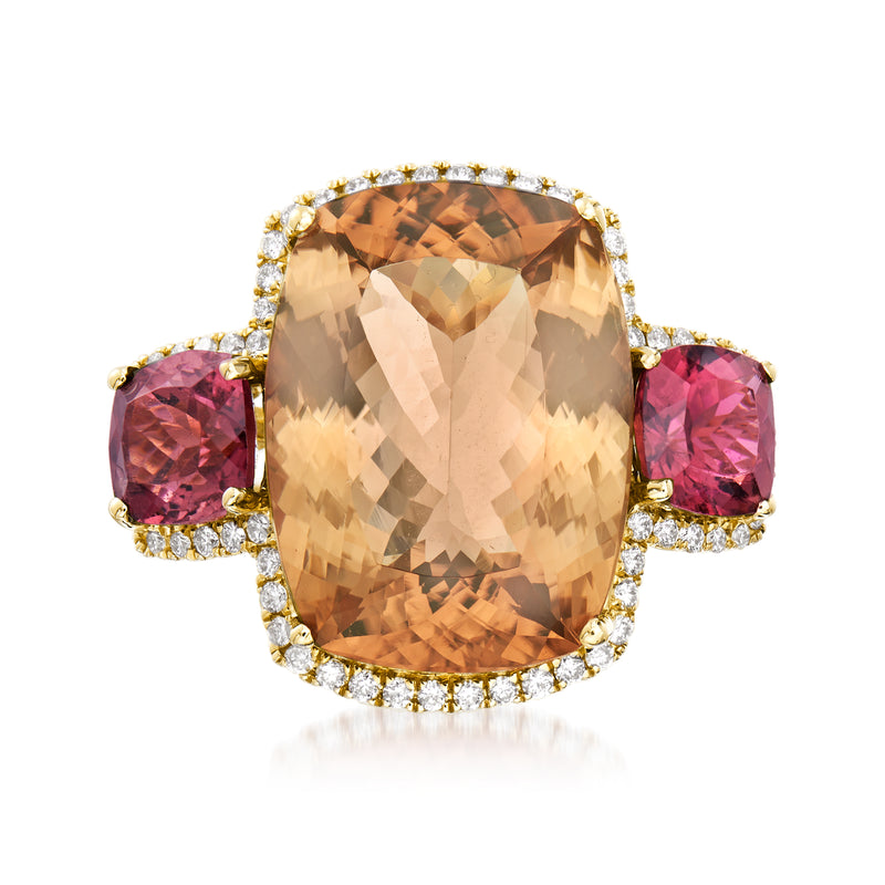 14kt yellow gold tourmaline & diamond ring, oval smoky peach center, pink side stones, diamond halo