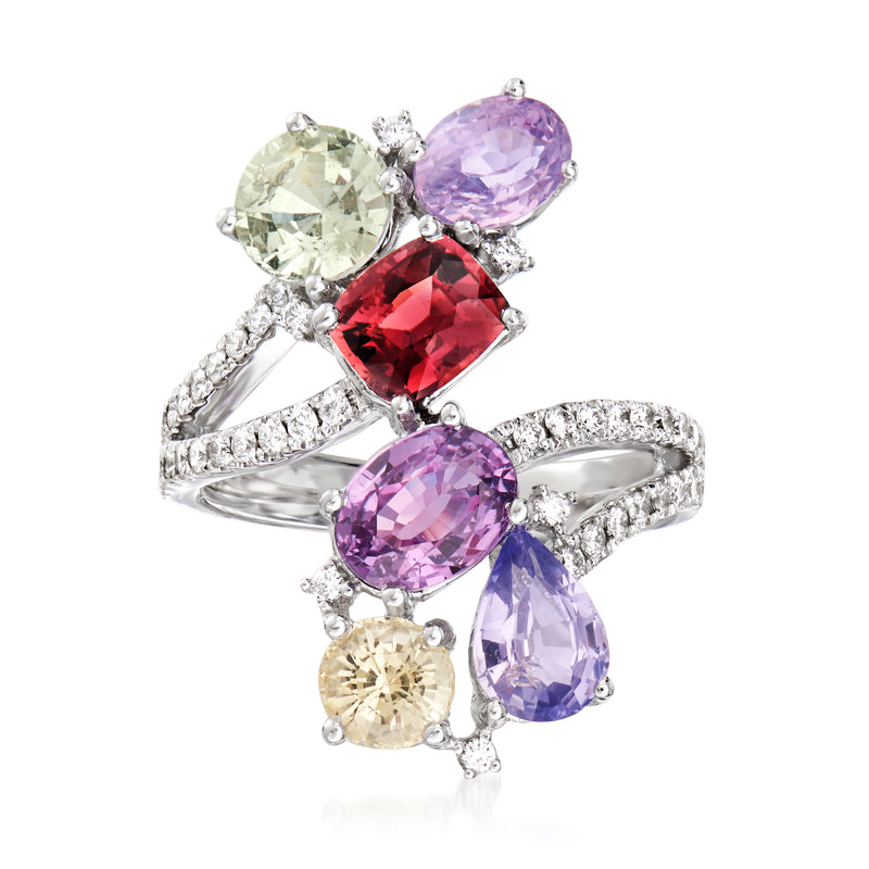 14kt white gold bypass ring with oval red and purple sapphire, diamond accents