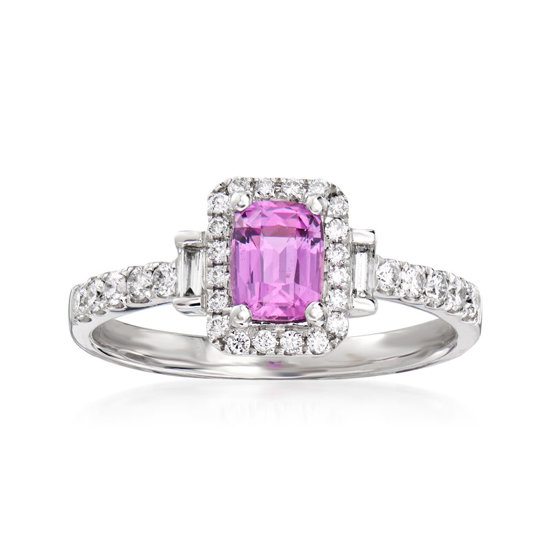 18k white gold ring with pink square sapphire center and diamond halo