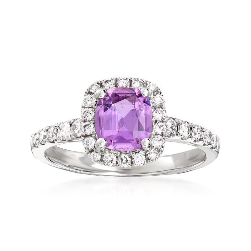 18k white gold ring with cushion-cut pink sapphire and round diamond halo