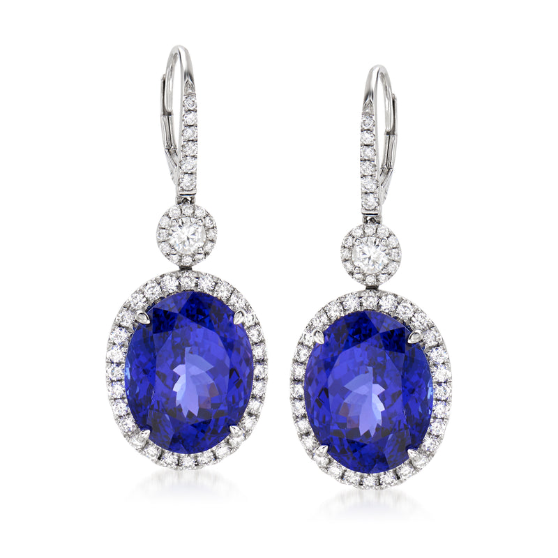 18kt white gold leverback drop earrings with oval blue tanzanite and diamond halo