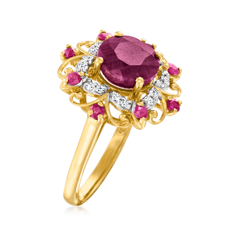 14kt yellow gold ruby and diamond frame ring with purple center stone halo