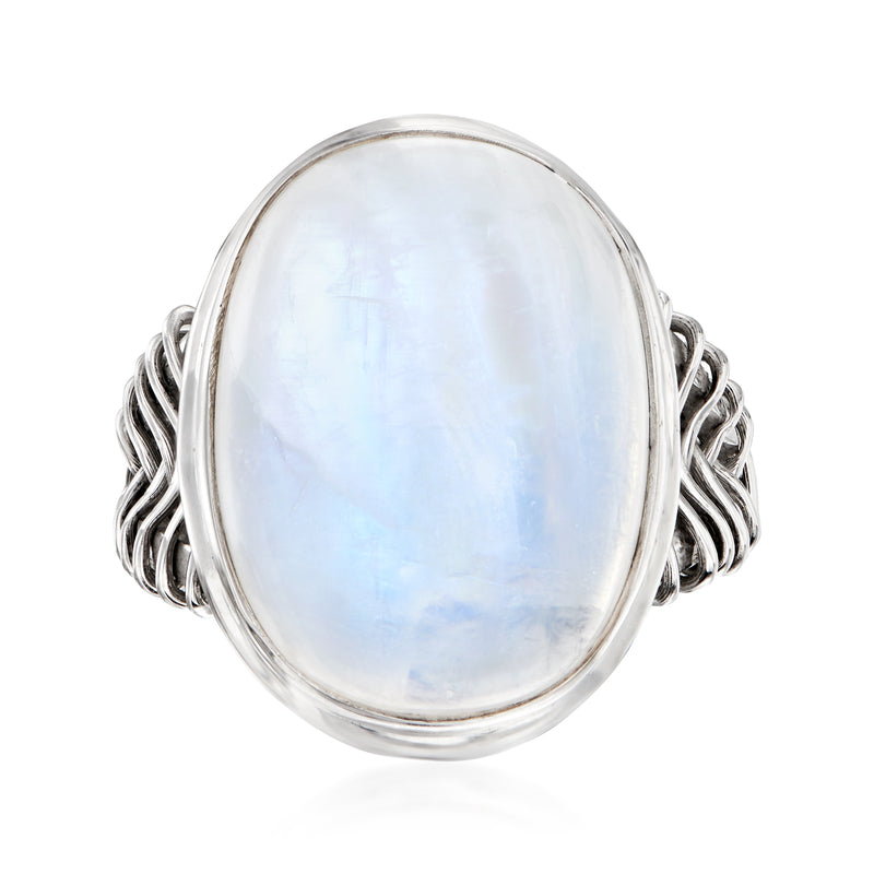 Sterling silver moonstone basketweave ring with oval cabochon gemstone