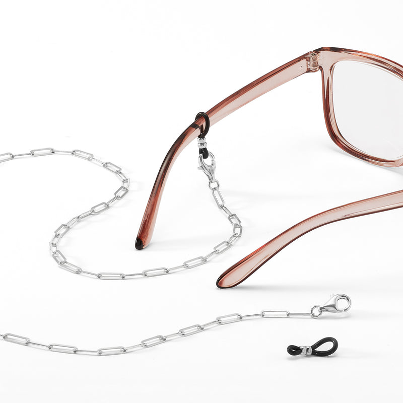 Paper-clip link chain with eyeglasses and lobster clasp detail, sterling silver