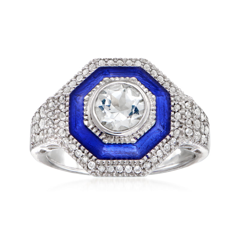Sterling silver ring with white topaz center, blue enamel octagon, and pavé accents