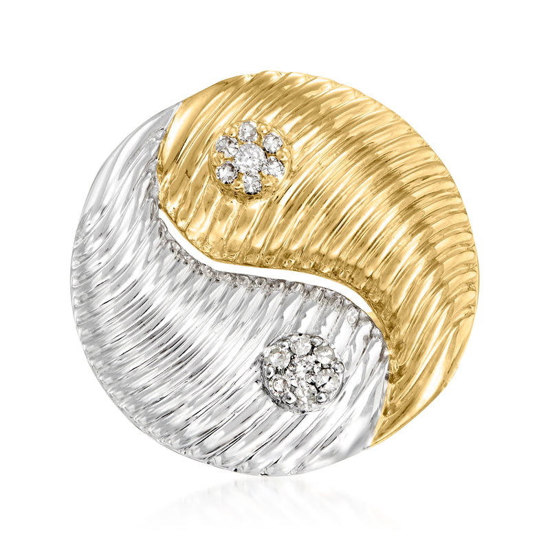Two-tone yin yang diamond ring in sterling silver and gold with ridged wave bands