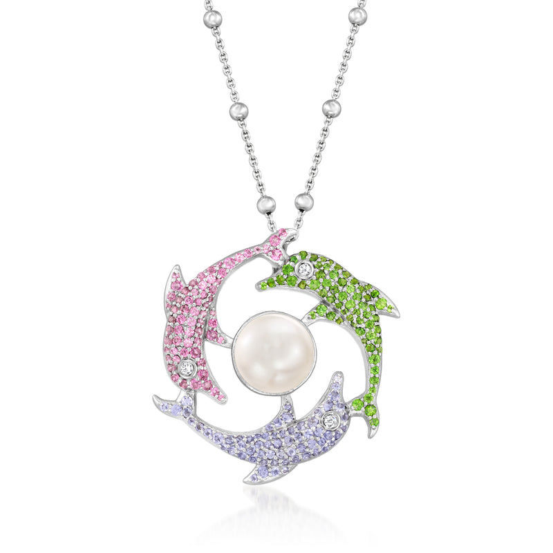Sterling silver dolphin pendant necklace with multicolor gemstone and pearl-like center