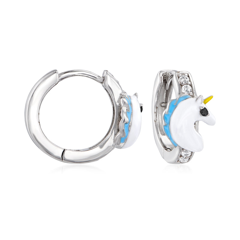 Sterling silver unicorn hoop earrings with blue enamel and clear CZ sparkle