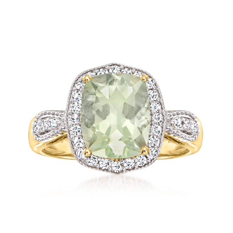 14kt yellow gold ring with oval prasiolite center and diamond halo