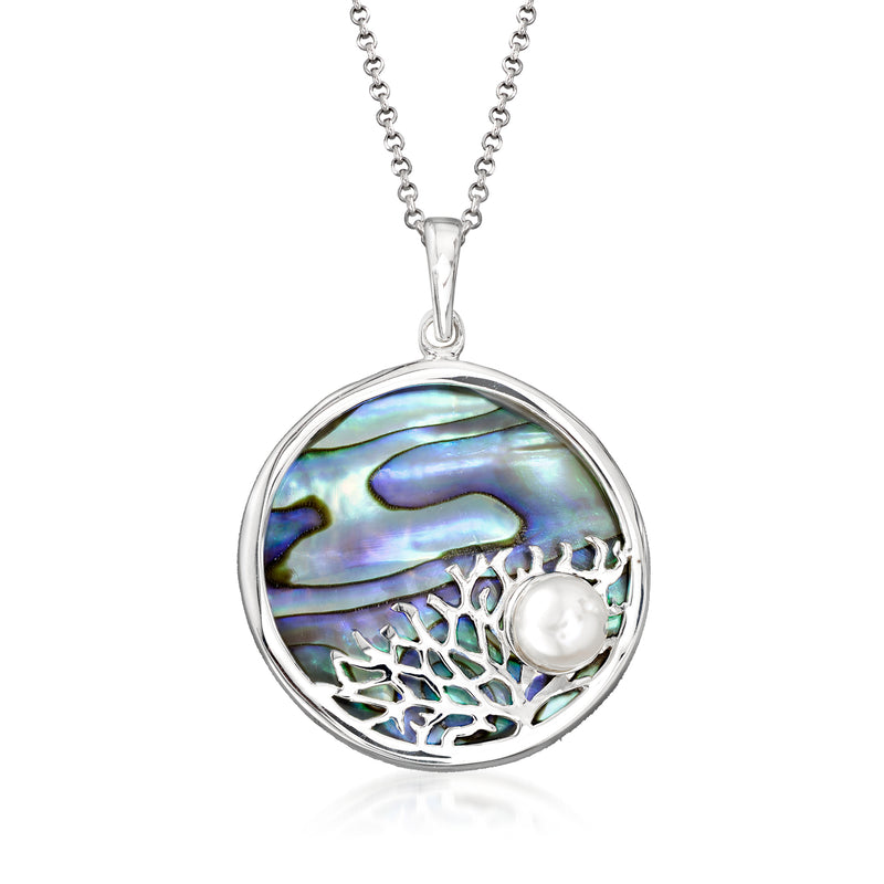 Sterling silver pendant necklace with round abalone shell and cultured pearl coral scene