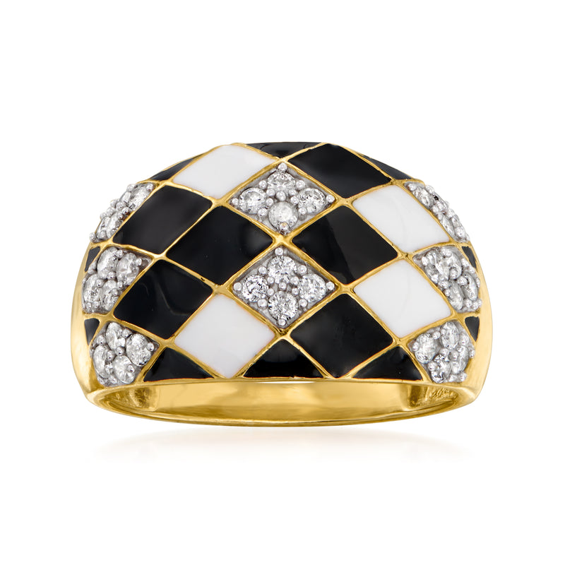 Checkered enamel diamond ring with black and white squares and gold setting