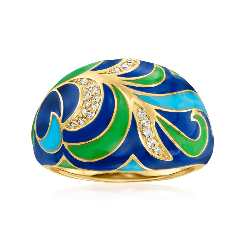 18kt gold over sterling enamel ring, blue and green with diamond accents on top and band