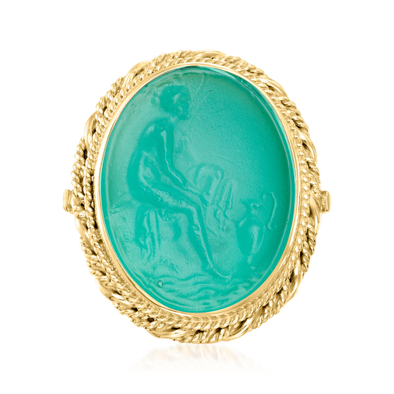 18kt gold over sterling oval green cameo-style glass ring, ornate bezel setting