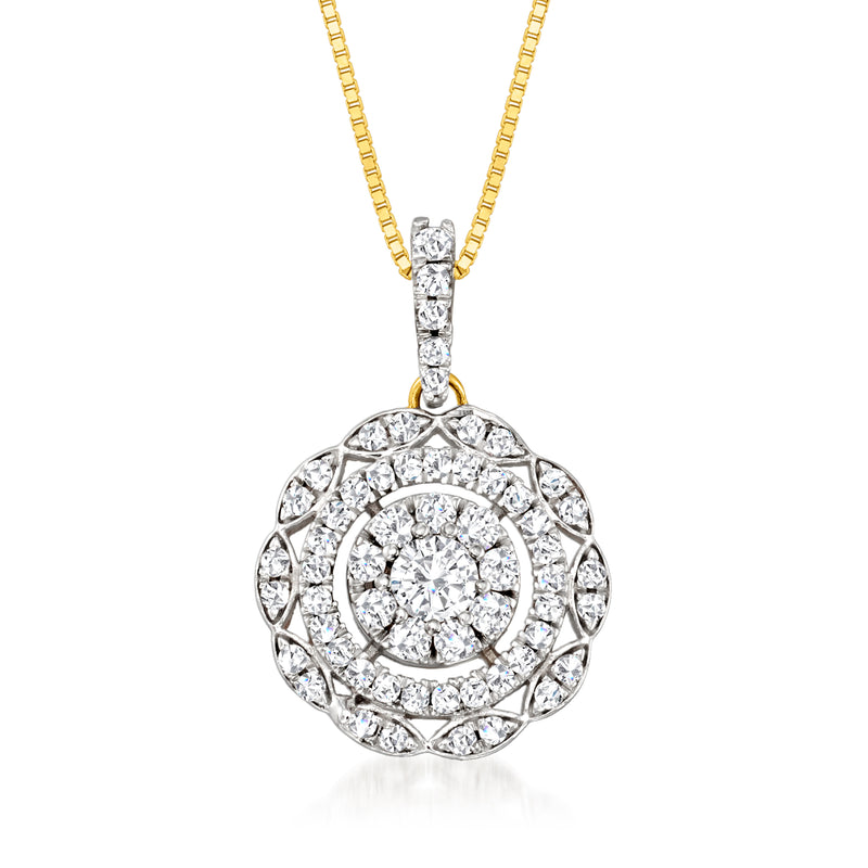 14kt yellow gold diamond cluster pendant necklace with round halo and clear stones
