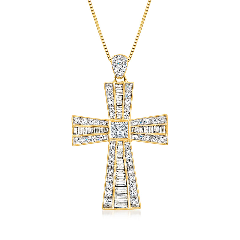 Diamond cross pendant necklace in 14kt yellow gold with baguette and round stones