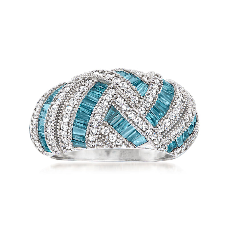Sterling silver dome ring with blue inlaid stones and white diamonds in a curved setting