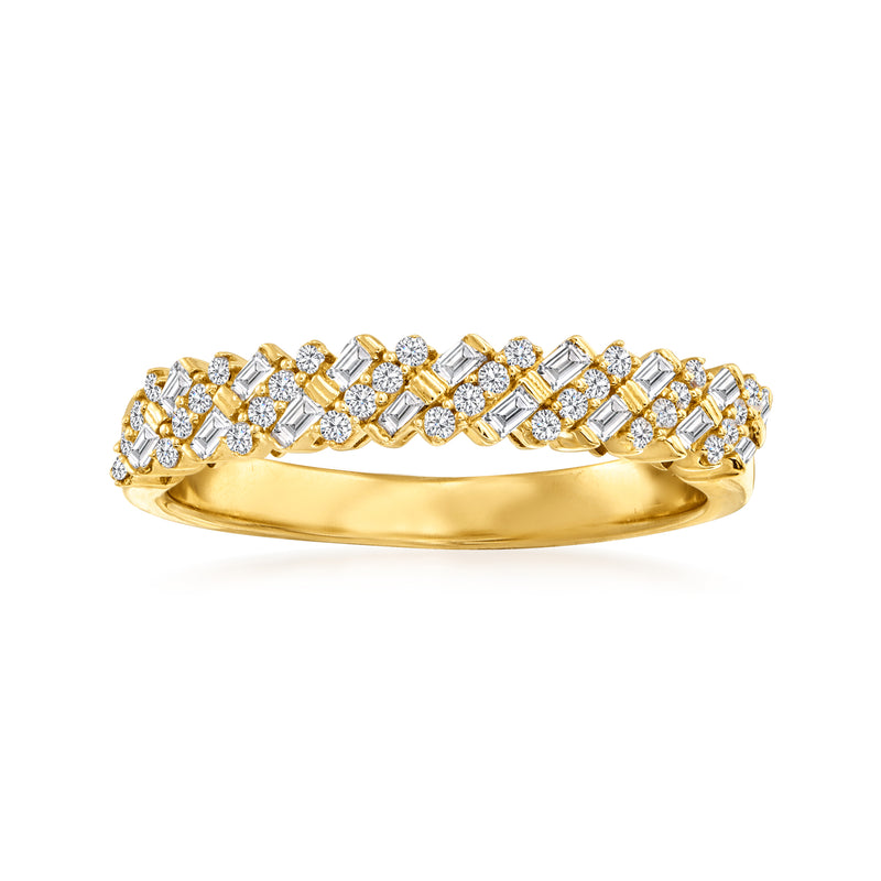 14kt yellow gold diamond ring with baguette and round stones, slim profile