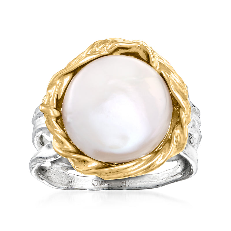 Coin pearl ring with 11–12mm white pearl set in 14kt yellow gold and sterling silver