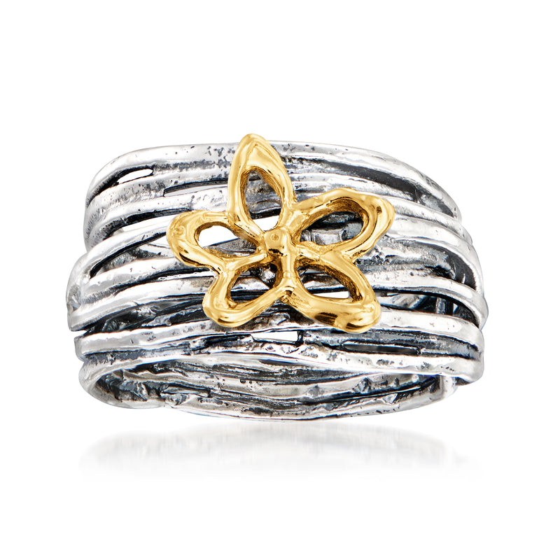 Two-tone silver ring with raised 14kt yellow gold flower