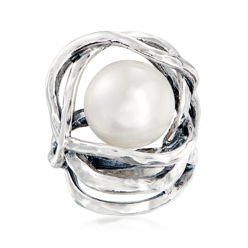 Sterling silver openwork ring with large round white cultured pearl