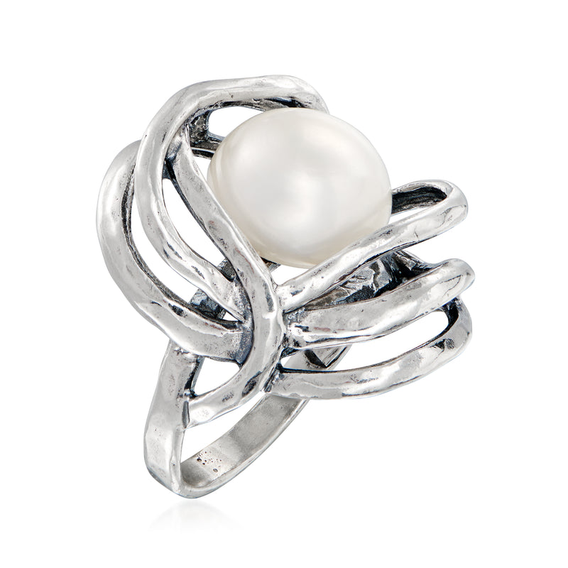 Sterling silver openwork ring with white cultured pearl, side view
