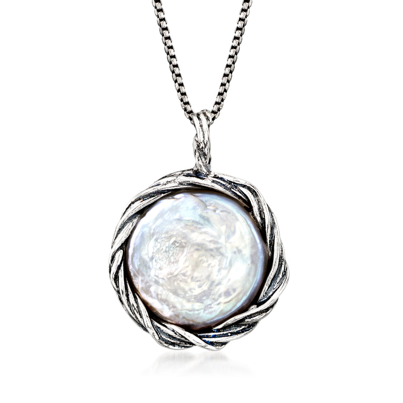Sterling silver pendant necklace with round coin pearl in baroque swirl setting