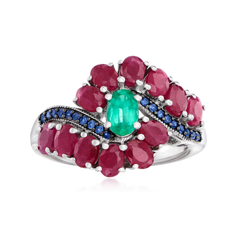 Sterling silver multi-gemstone ring with oval green center, pink and blue accents