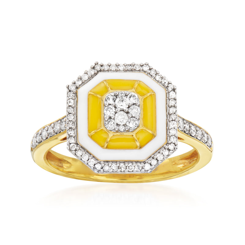 Diamond ring with octagonal white and yellow enamel face in gold over sterling