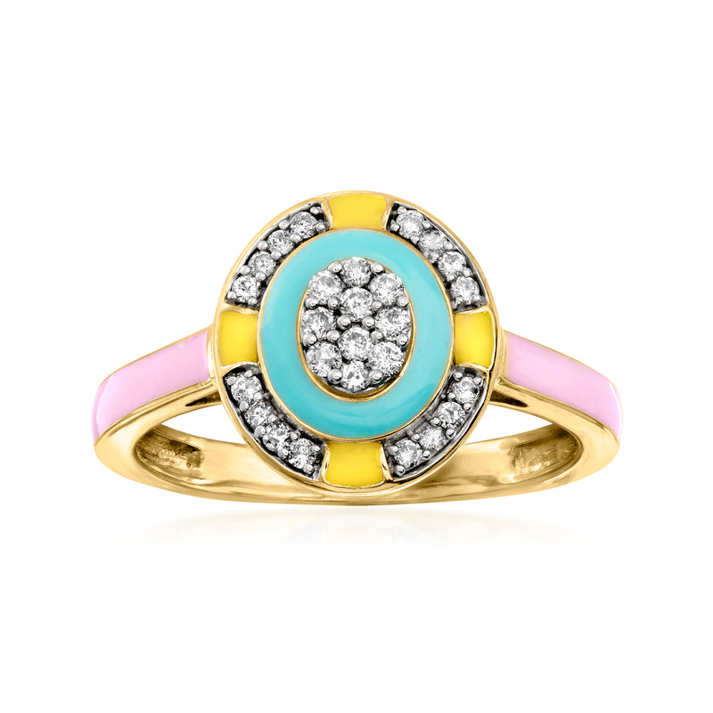 Gold-tone ring with round blue enamel center, yellow accents, and diamond-look side stones