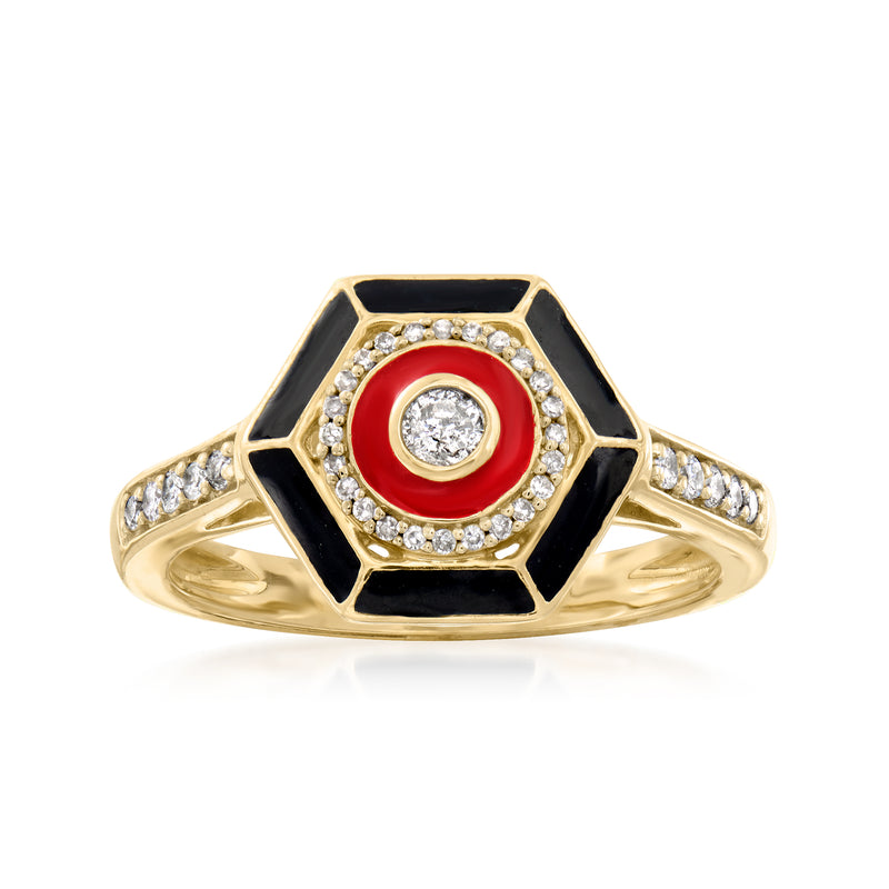 14kt yellow gold enamel diamond ring with black hexagon and red center