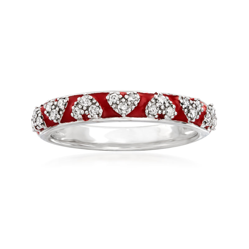 Sterling silver heart ring with red enamel inlay and diamond-like sparkle accents