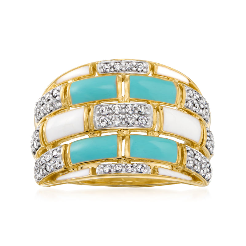 Gold-toned geometric diamond and enamel ring with turquoise panels and pave accents