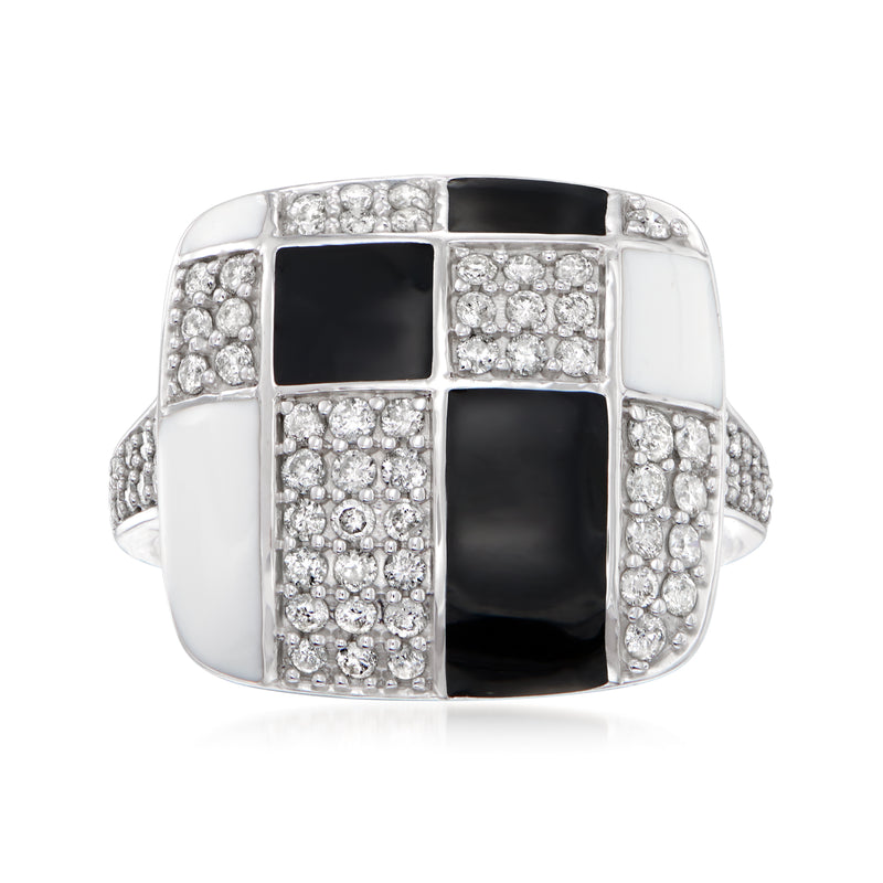 Sterling silver square-top ring with black enamel and diamond-like stones, geometric grid