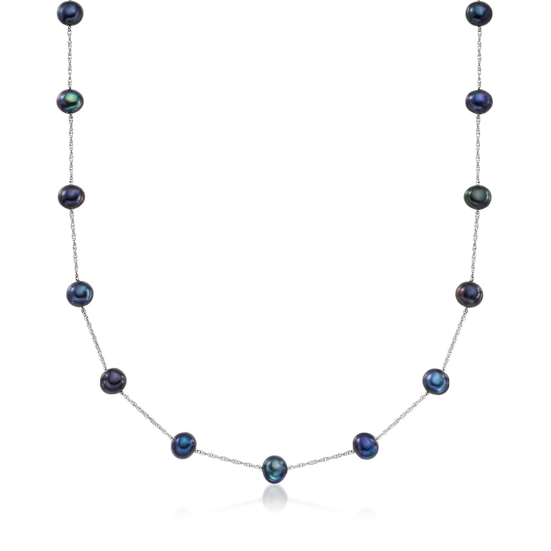 Black cultured pearl station necklace with sterling silver chain and dark round pearls