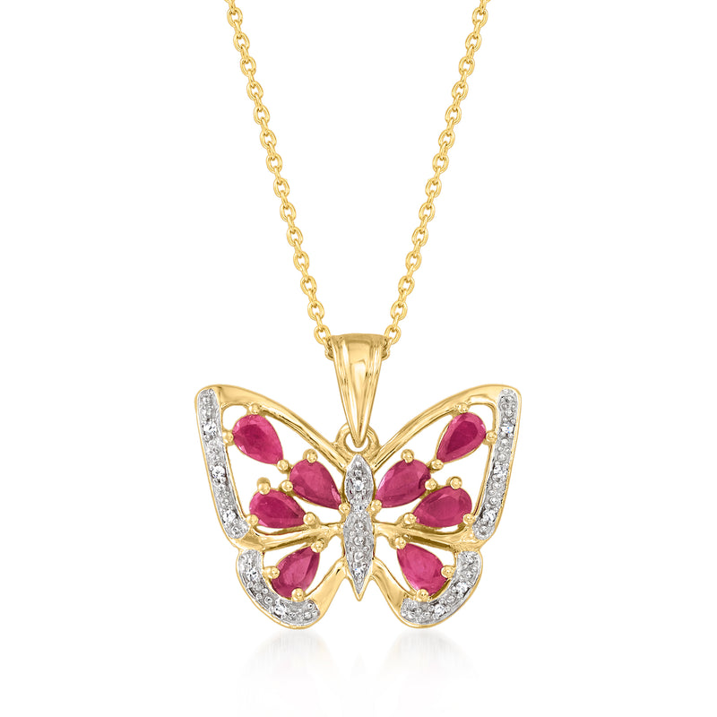 Gold butterfly pendant necklace with ruby-red gemstones and clear diamond accents on a chain