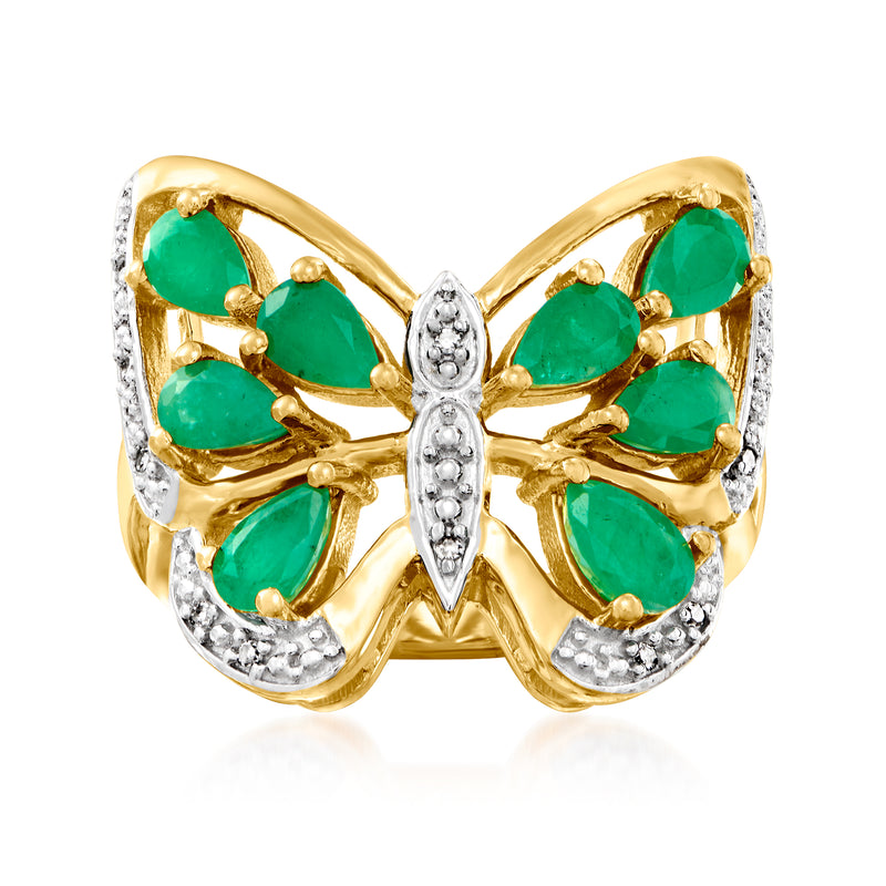 Gold over sterling butterfly ring with oval green emerald-look stones and diamond accents