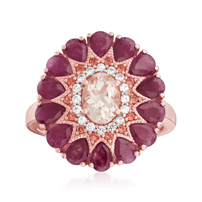 Rose gold-toned multi-gemstone ring with central light stone and dark purple surrounds