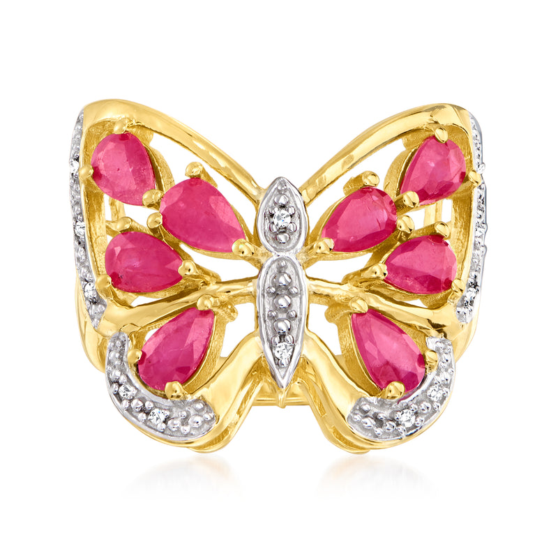 Butterfly ruby ring in gold over sterling with pink stones and diamond accents