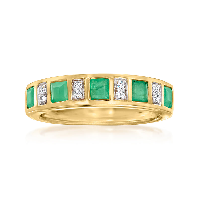 Gold ring with emerald green square stones and white diamond accents