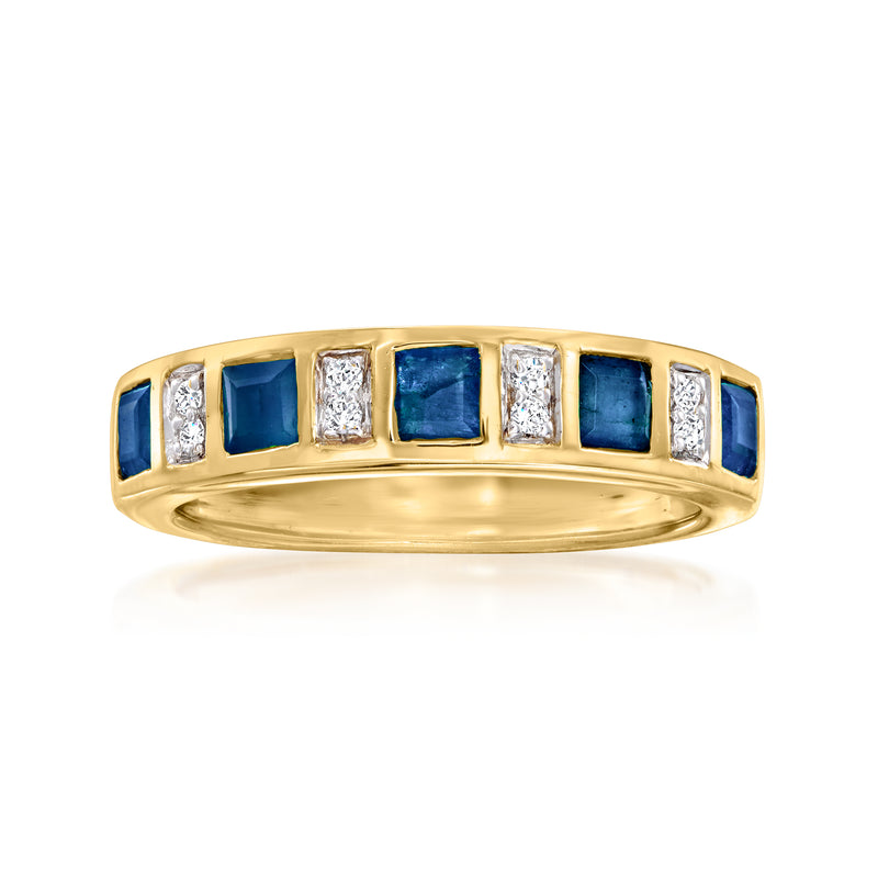 18kt gold over sterling ring with alternating blue square stones and diamond accents