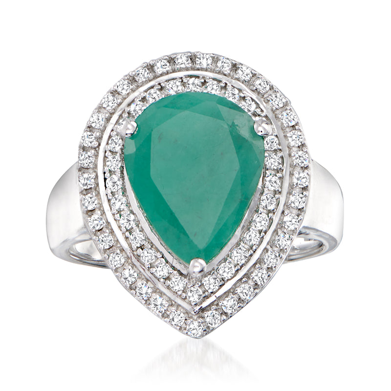 Sterling silver pear-shaped emerald-cut green gemstone ring with white topaz halo