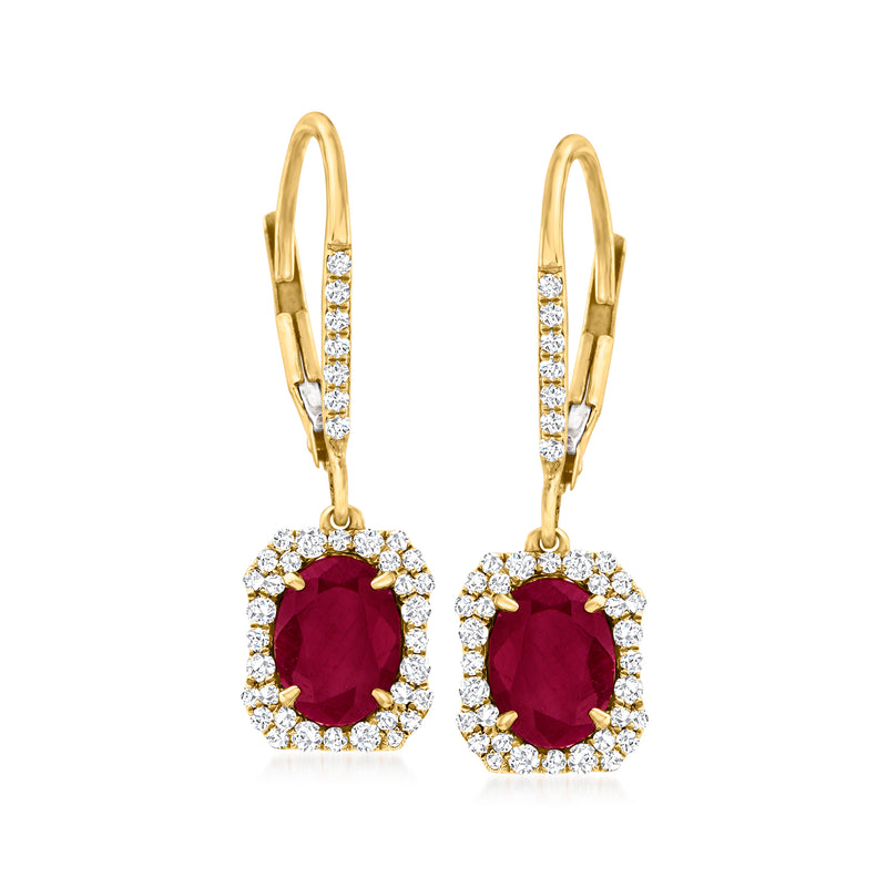14kt yellow gold ruby and diamond drop leverback earrings with round halo