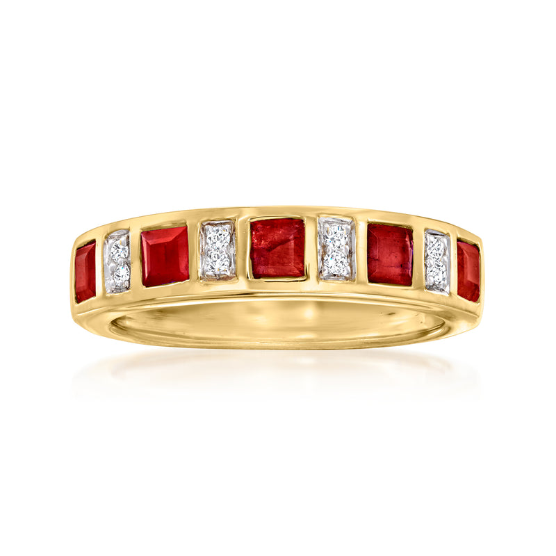 18kt gold over sterling ring with red rectangular stones and diamond accents across band