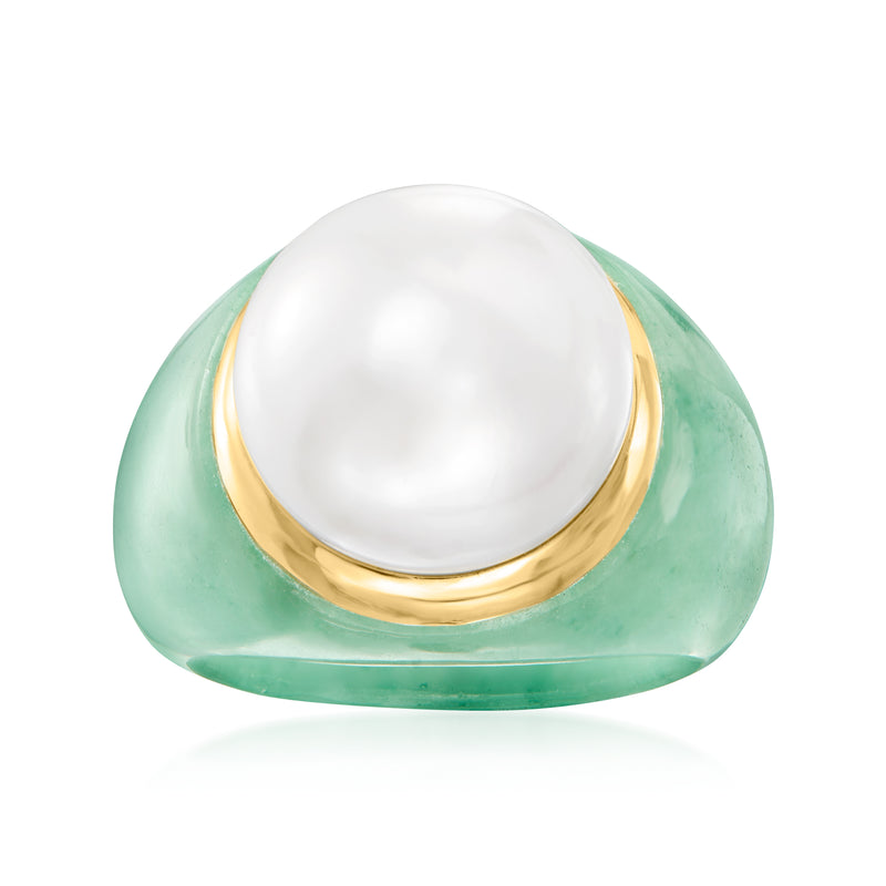 14kt yellow gold ring with white cultured pearl and green jade accents