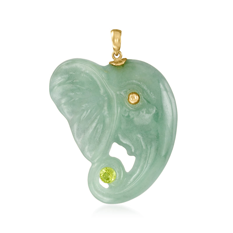 Jade elephant pendant in 14kt yellow gold with green peridot accents
