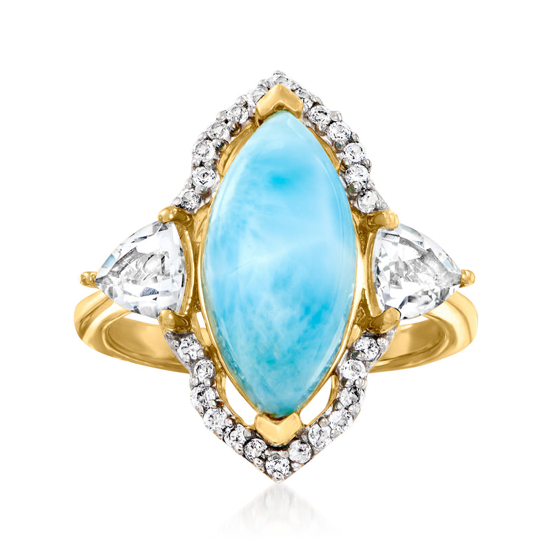Larimar and white topaz ring in gold over sterling with side white stones